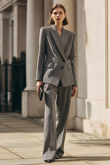 Grey 2-Piece Peak Lapel Single Breasted Business Casual Suit